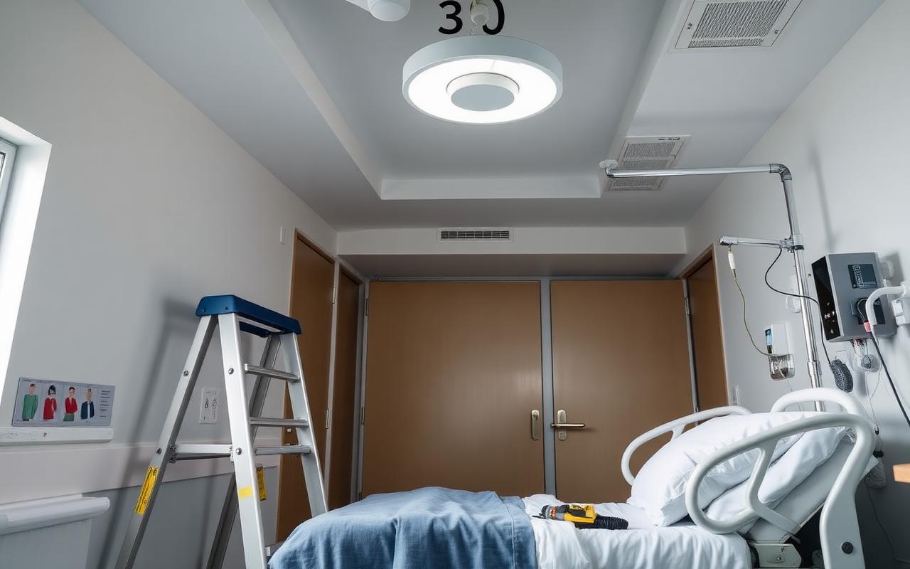 Hospital ward bed head units with lighting being serviced